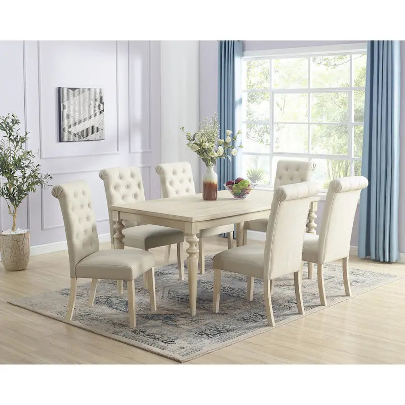 Ensemble de salle à manger 7 pièces, table à manger avec pieds tournés et 6 chaises capitonnées