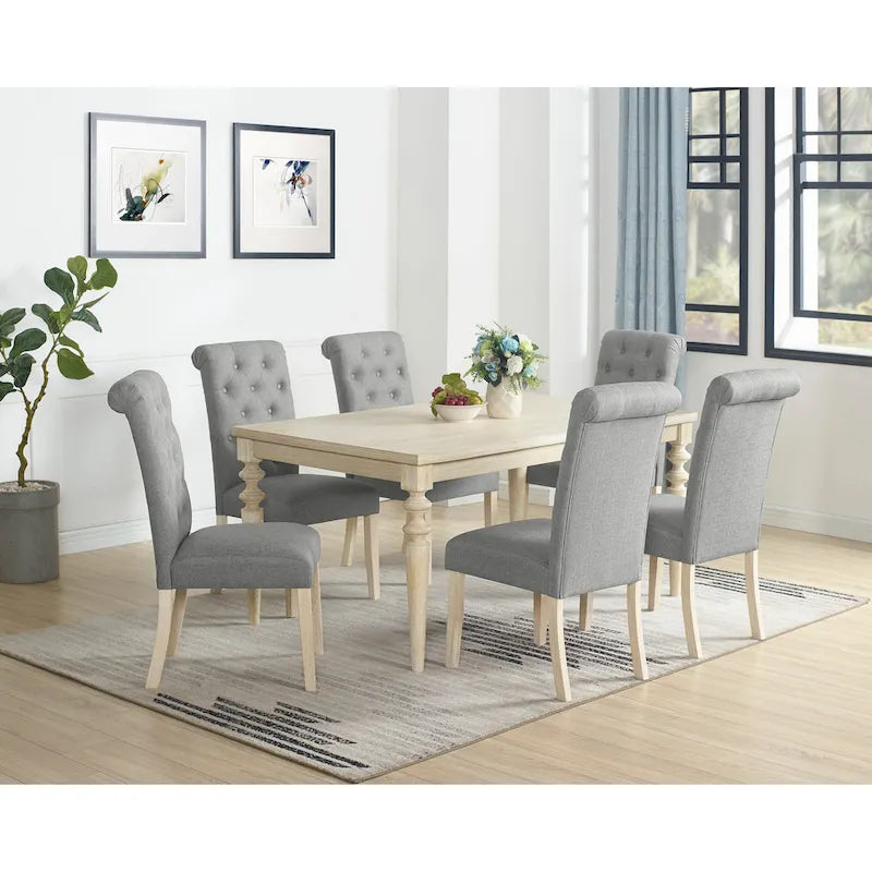 Ensemble de salle à manger 7 pièces, table à manger avec pieds tournés et 6 chaises capitonnées
