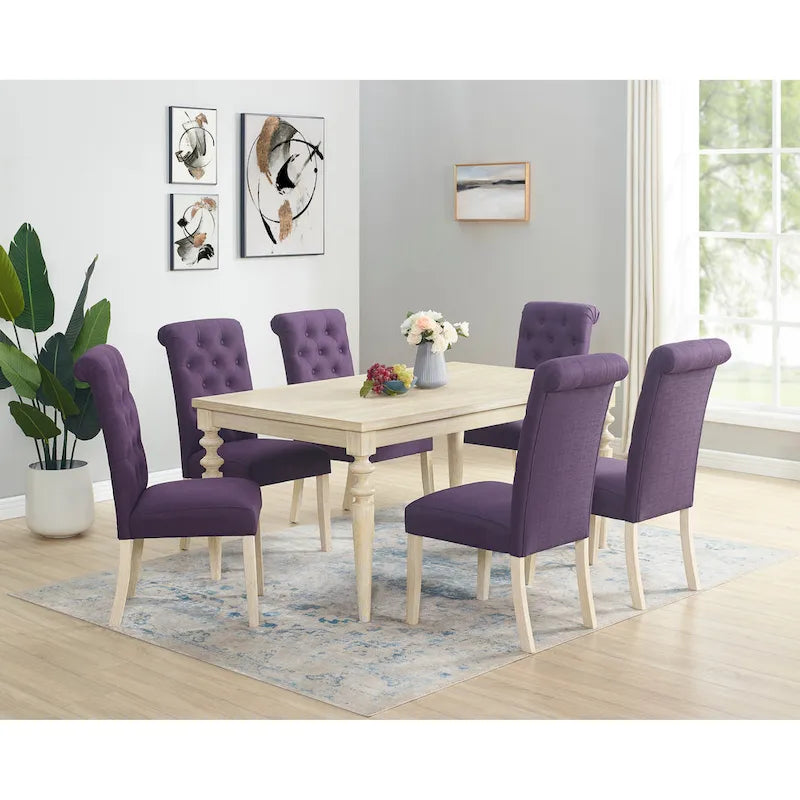 Ensemble de salle à manger 7 pièces, table à manger avec pieds tournés et 6 chaises capitonnées