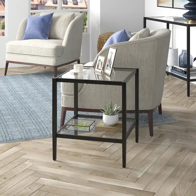20" Wide Square Side Table with Glass Shelf