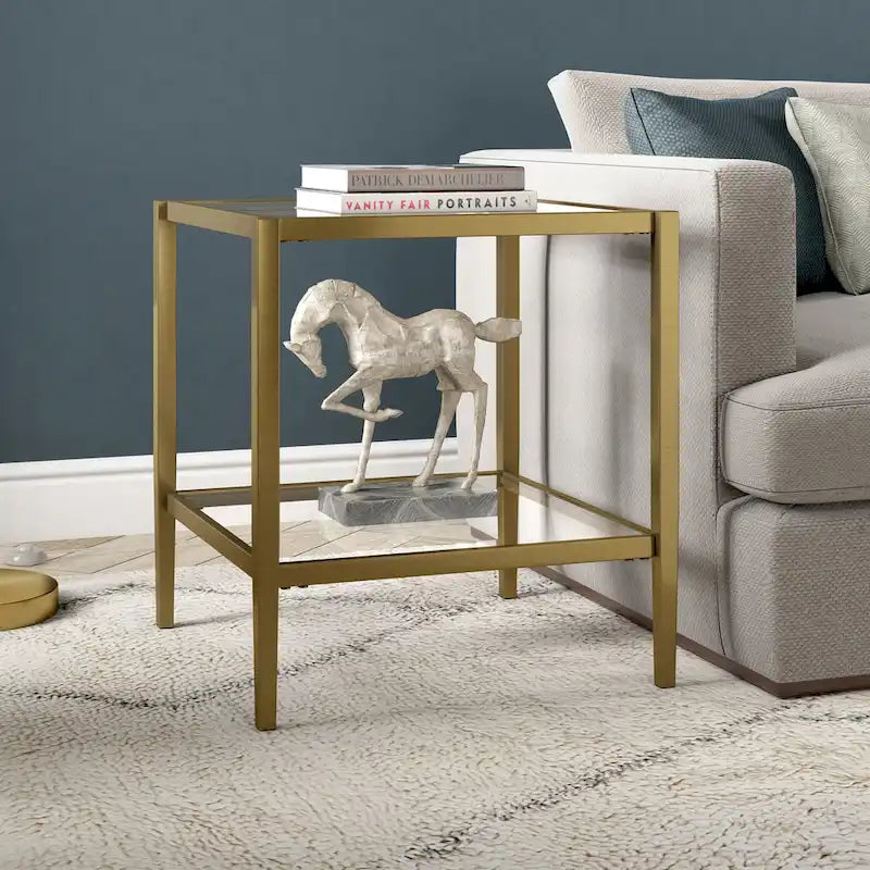 Table d'appoint carrée de 50,8 cm de large avec étagère en verre