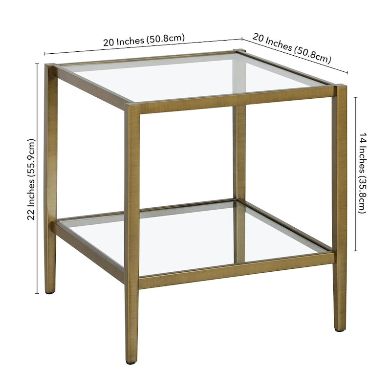 Table d'appoint carrée de 50,8 cm de large avec étagère en verre