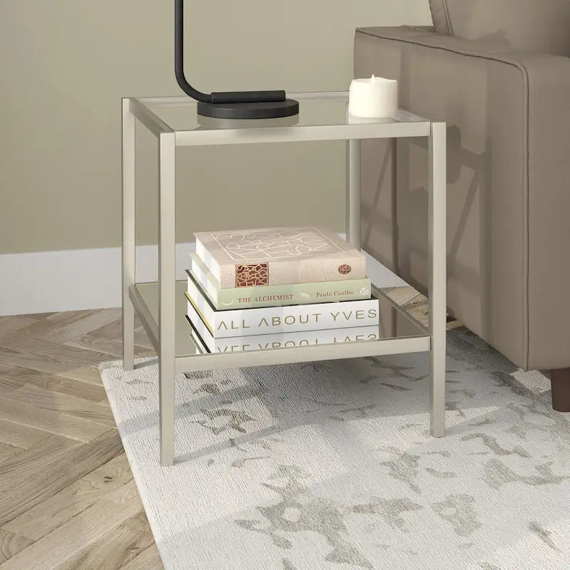 Table d'appoint carrée de 50,8 cm de large avec étagère en verre
