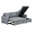 Canapé d'angle convertible rembourré gris avec espace de rangement, 2 coussins décoratifs