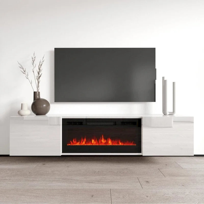 Meuble TV moderne 72 po avec foyer électrique mural