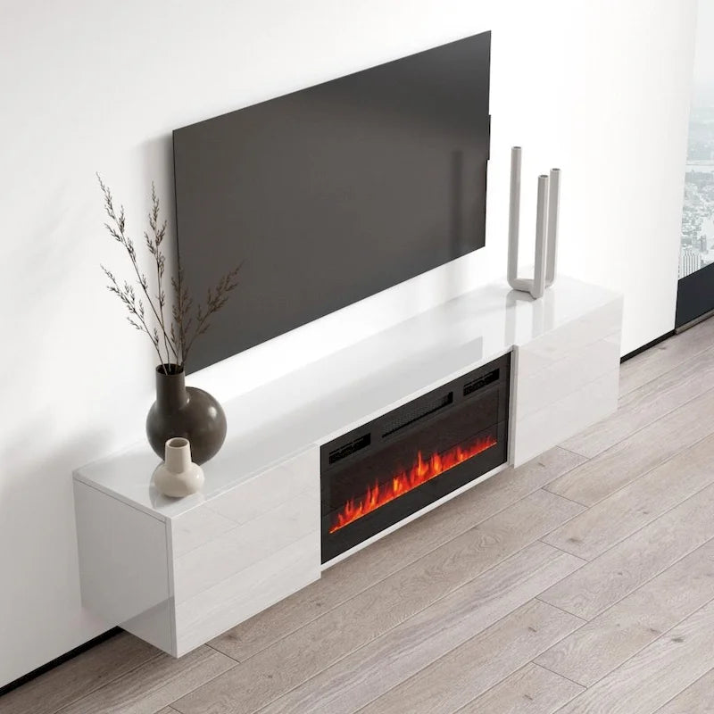 Meuble TV moderne 72 po avec foyer électrique mural