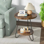 Table d'appoint ronde à 2 niveaux, bout de canapé en bois avec pieds en métal