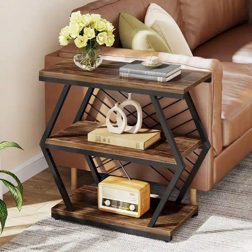 Table d'appoint rectangulaire à 3 niveaux avec cadre en métal pour salon, table de chevet pour chambre à coucher