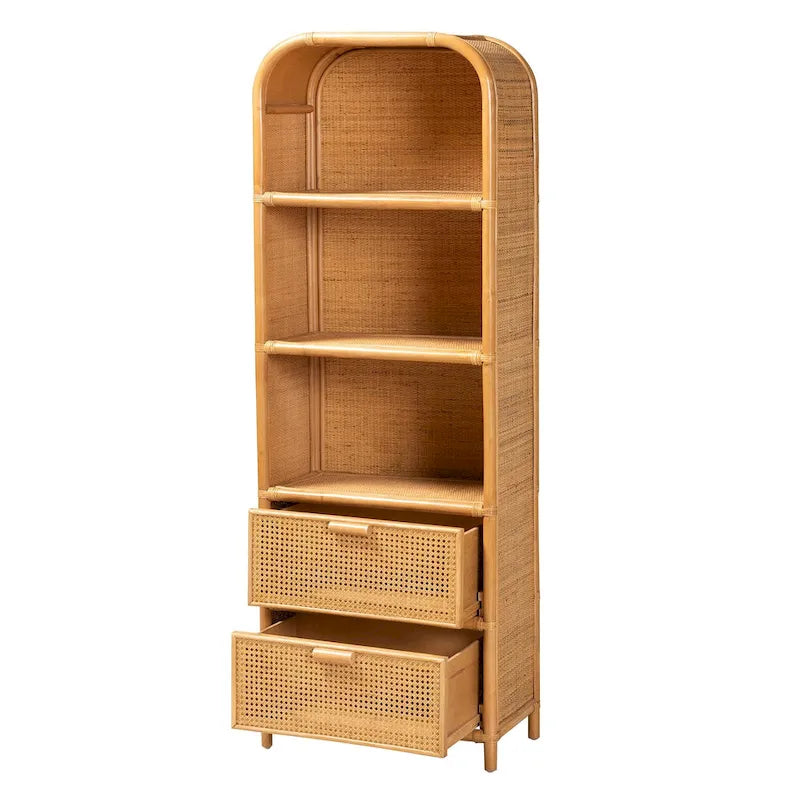 Bibliothèque moderne bohème en rotin couleur miel clair à 2 tiroirs