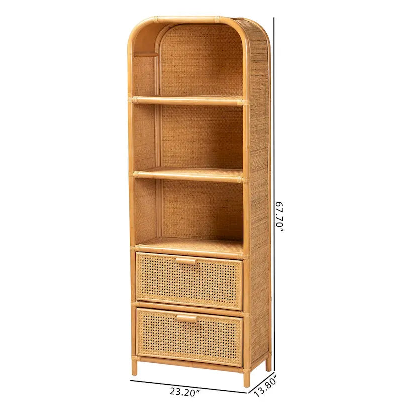 Bibliothèque moderne bohème en rotin couleur miel clair à 2 tiroirs
