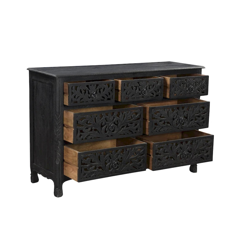 Commode en bois sculpté floral à 7 tiroirs