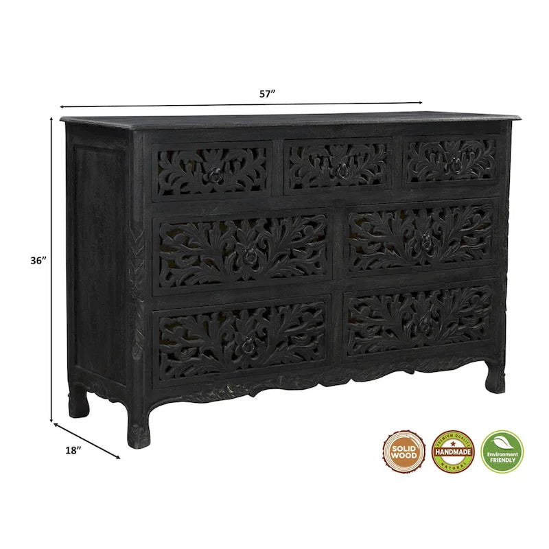 Commode en bois sculpté floral à 7 tiroirs