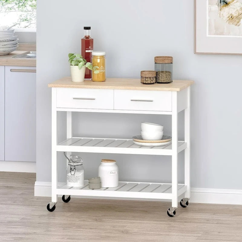 Desserte de cuisine moderne en bois avec roues, tiroirs et étagères