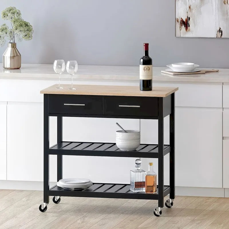 Desserte de cuisine moderne en bois avec roues, tiroirs et étagères