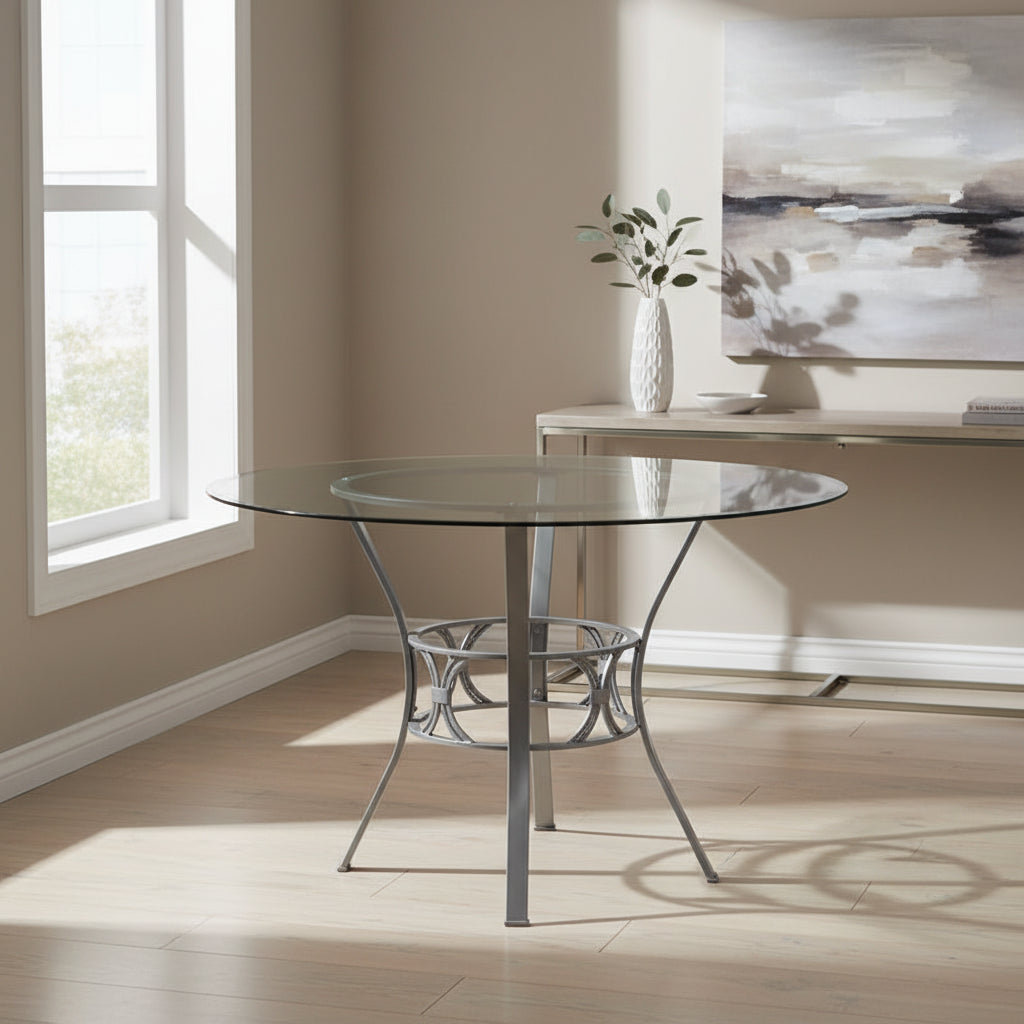 48 Round Glass Dining Table with Crescent Style Metal Frame - 48W x 48D x 29.5H - 48W x 48D x 29.5H