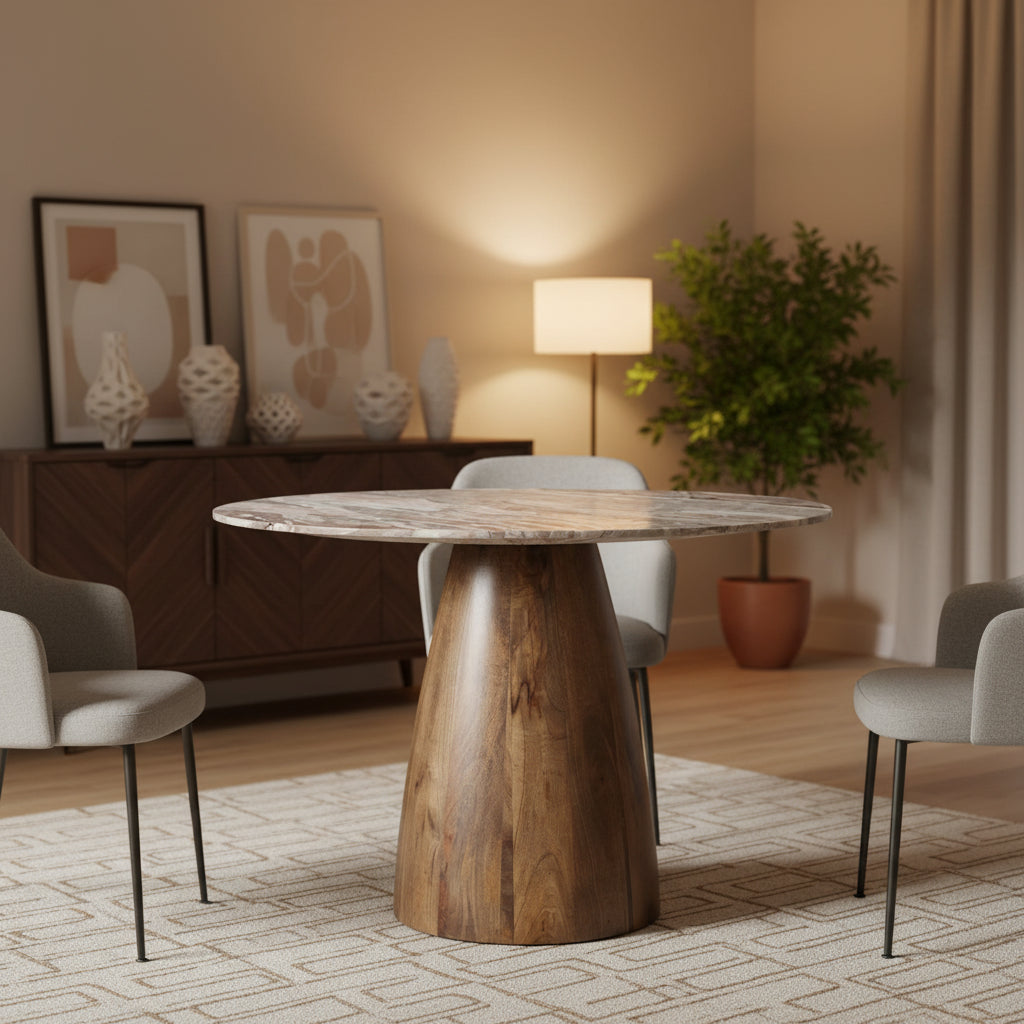 Allyson Round Medium Brown w/ Pink Marble Pedestal Dining Table - 42.0L x 42.0W x 30.0H