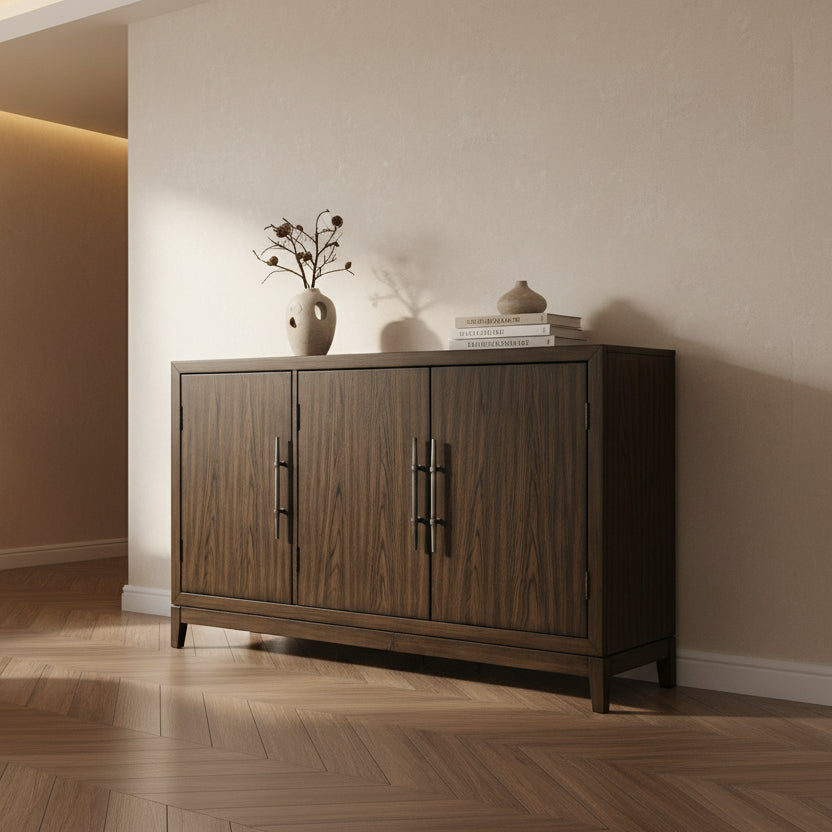 Cora 56 Inch Sideboard Buffet Server, 3 Door Cabinets, Metal Handles, Brown